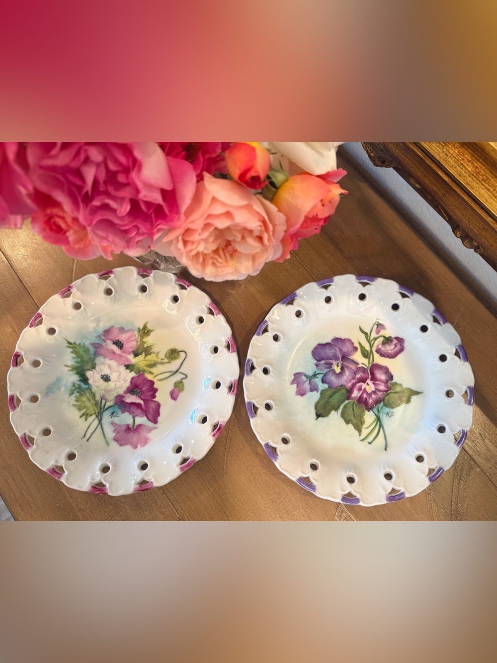 Vintage Hand Painted Porcelain Floral Plates Pair Reticulated Rim 8.25”